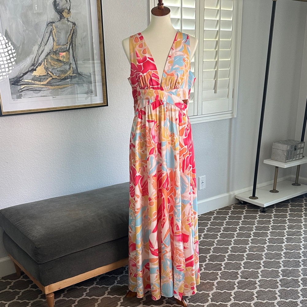 SHEIN Multicolor Floral Maxi Dress Plunge Neckline